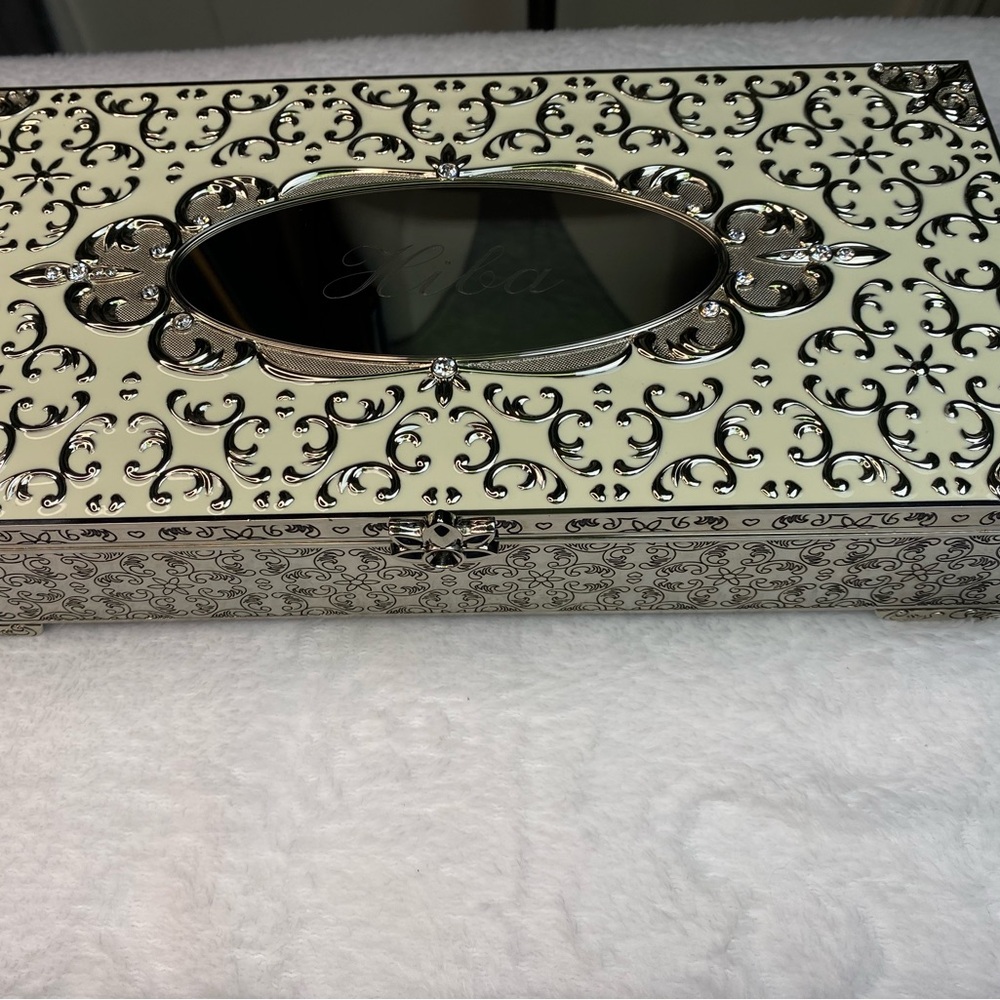Ornate Cream and Silver Jewelry Box-“Hiba” Engraved-Velvet Interior|Plays Music